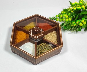 Handmade Wooden <b>Spice</b> Box, Indian Masala Dabba With 7 Compartments <b>Spice</b> Box: Hexagonal Wooden Serving <b>Tray</b> with Glass Lid - Product Image 6
