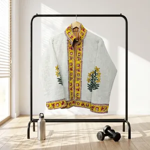 <b>White</b> Cotton Stand Collar Floral Hand Block Print Eco-Friendly Reversible Silkgram Long Sleeve <b>Jacket</b> <b>for</b> <b>Women</b> Spring - Product Image 3