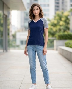 T-shirt décontracté pour femme à col en V et manches raglan, color block, coupe classique, printemps-été, 100 % coton jersey respirant, manches courtes - Product Image 1