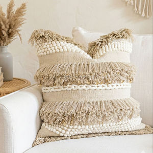 Funda de Almohada Bohemia de Diseño con Cuentas Bordadas, Flecos y Pompones, 45x45 cm, Cuadrada, Estilo Boho - Product Image 5