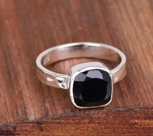 925 Sterling Silver Black Onyx <b>Cushion</b> Ring Handmade Hammered Bohemian <b>Statement</b> Jewelry for Women - Product Image 4