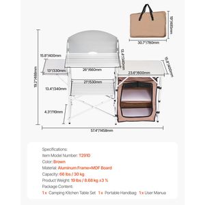 Tavolo da Cucina Portatile a 2 Livelli per Esterni, Marrone, Pieghevole con Borsa con Cerniera per Barbecue, Feste e Campeggio - Product Image 1