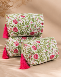 Quilted Cotton Zipper Cosmetic Bag Floral Block Print Bohemian Eco-Friendly <b>Makeup</b> Pouch Travel Organizer for <b>Case</b> Tassel - Product Image 1