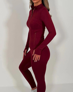 Conjunto de Yoga de 2 Piezas para Mujer, Color Borgoña, Cierre Frontal Completo, Sin Costuras, Spandex, Poliéster, Cintura Alta, Transpirable, Absorbe el Sudor - Product Image 2