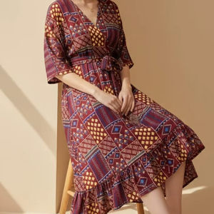 Vestido Midi Moderno y Sencillo para Mujer, con Tirantes Finos, Estampado Abstracto, Corte en A, Casual, con Botones, Azul, Transpirable, 100% Poliéster Natural - Product Image 1