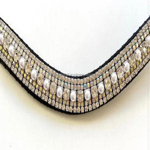 Calidad Premium Golden AB perlas cristales 5 filas Bling Wave cuero caballo Brow bandas hechas a mano Horse Brow bandas A precio al por mayor - Product Image 5