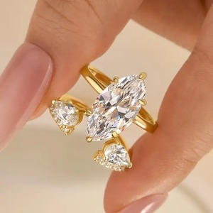 925 Moissanite Marquise Cut Hidden Halo Engagement <b>Ring</b> with Pear Cut <b>Open</b> Wedding Band in Yellow & White Gold Plated for Women - Product Image 6