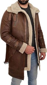 <b>Men's</b> Genuine Leather <b>Shearling</b> Trench <b>Coat</b> With Belt And Zipper Closure Winter Warm Long Duffle <b>Coat</b> Jacket - Product Image 2