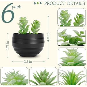 Ensemble de 6 petites plantes succulentes artificielles avec pots noirs pour la décoration de la chambre, du salon, du bureau ou des étagères de la salle de bain - Product Image 2