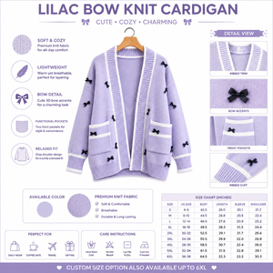 Cardigan en acrylique tricoté lavande HMR Sisterhood Sorority avec décorations de nœuds noirs, manches longues, col en V, style doux pour femmes - Product Image 6
