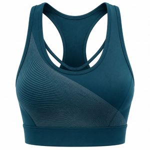 Women's Navy <b>Blue</b> Racerback Sports <b>Bra</b> High Support Breathable Lightweight Seamless Simple Front Logo Yoga Wear - Product Image 1