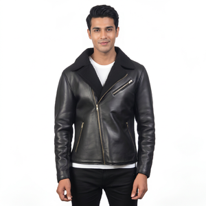 Veste en cuir noire pour homme avec doublure, fermeture éclair, col rabattable, coupe-vent, vêtements d'hiver - Product Image 4