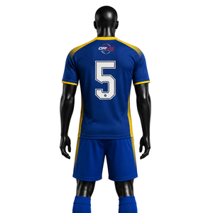 Ensemble maillot et short de football ORVO Sports pour homme, bleu et jaune, avec logo personnalisé, manches courtes, col en V, polyester, modèle OR-SOCCER-104 - Product Image 4