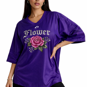 Oversized Custom Luxury Women's <b>Mesh</b> American Football Jersey T-shirts <b>Rhinestone</b> Floral Graphic Polyester Streetwear Style <b>Tops</b> - Product Image 2