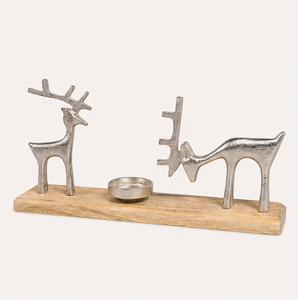 Handcrafted Silver Aluminum Reindeer Candle Holder With Natural Mango Wood Base For Christmas Home Tabletop And Festive Accents - Product Image 2