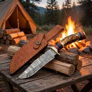 Cuchillos de Caza Premium Hechos a Mano al por Mayor, Hoja Fija de Acero de Damasco, Mango de Cuerno, para Supervivencia al Aire Libre y Camping con Funda - Product Image 4