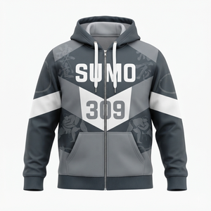 Sweat à capuche zippé Sumo 309 pour homme, gris et blanc, imprimé par sublimation, respirant, coupe classique, décontracté, pour l'automne - Product Image 1