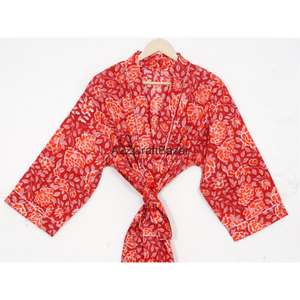 Casual Romantic 100% Cotton Full Length Drawstring Closure <b>Kimono</b> Night Wear Gown <b>Beach</b> Wear Floral Indian Design Summer - Product Image 2