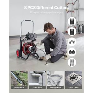 Sonda per la pulizia delle fognature con alimentazione automatica su ruote, 8 frese, 30,5 m x 3/8 pollici, macchina per la pulizia degli scarichi con interruttore a pedale ad azionamento pneumatico - Product Image 5