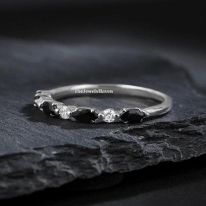Marquise cut Moissanite wedding band Unique Black Onyx Half eternity <b>ring</b> Yellow Sterling <b>Silver</b> wedding band <b>stacking</b> matching - Product Image 1