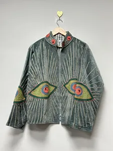 Premium Gray <b>Velvet</b> Suzani Embroidered <b>Jacket</b> with Eye Pattern Full Sleeve Stand Collar Bohemian <b>Women's</b> Winter Outerwear - Product Image 4