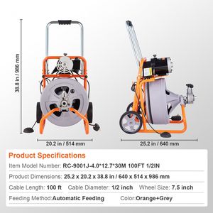 Macchina per la pulizia ad alta pressione portatile con rotelle a spirale da 100FT x 1/2 pollice per la pulizia automatica di tubi di scarico e fognature, con 8 lame di taglio - Product Image 5