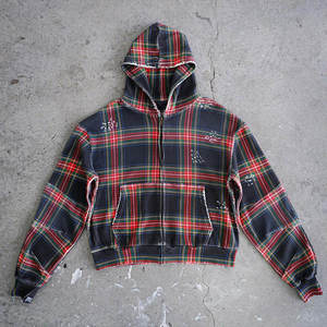 Custom Plaid Zip Hoodie Premium Textured Cotton Fabric Distressed Raw Edge Finish Cropped Streetwear Design OEM ODM Hoodies - Product Image 1