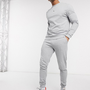 Survêtement gris en coton pour homme, col rond, manches longues, couleur unie, décontracté, avec poches latérales, taille élastique, pour l'automne - Product Image 1