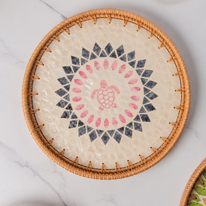 Premium Round Rattan Mother Of Pearl Seashell Pink Sea Turtle Geometric <b>Mosaic</b> Mandala Design Decorative Coffee Table Wholesale - Product Image 1