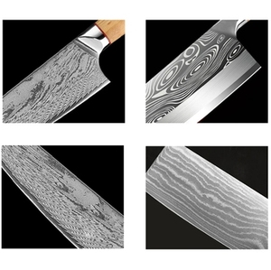 Ensemble de 7 couteaux de cuisine en acier Damas écologique faits à la main, acier au carbone, étui en cuir véritable, manches en bois d'olivier inclus - Product Image 2