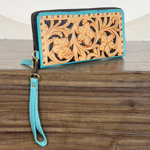 Beautiful Designer Hand Tooled Genuine Leather Women Wristlet Clutches Multi Floral Pattern Everyday Evening <b>Wallet</b> <b>Purse</b> - Product Image 2