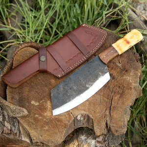 Couteau de chef Burraq OEM fait main en acier au carbone de qualité industrielle, multifonctionnel, motif goutte de pluie, avec étui en cuir et manche en bois - Product Image 6