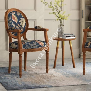 Luxury Handcrafted Solid Wood Dining Chair Oval Leaf Print Backrest Navy Blue Upholstered <b>Seat</b> - Product Image 2