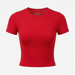 North Approach <b>Red</b> Ribbed <b>Crop</b> <b>Top</b> Short Sleeve Crew Neck Solid Active Stretch Yoga Wear Women's Sportswear - Product Image 1