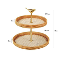 Plateau de service en rotin à deux niveaux avec motif floral et oiseau doré, support décoratif pour collations, fruits, gâteaux, décoration de table basse