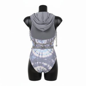 Maillot de bain femme en tissu extensible polyester élasthanne 200 GSM, gris bleu tie-dye, avec logo personnalisé - Product Image 4