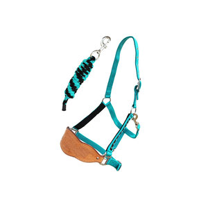 Cabestro de nailon color verde azulado para caballo con correa de cuero para la nariz y cuerda trenzada para uso ecuestre - Product Image 1