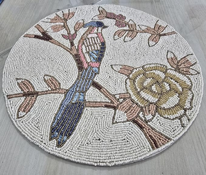 Salvamanteles Redondo Hecho a Mano con Cuentas de Algodón y Bordado, Diseño Floral de Pájaro Azul para Decoración del Hogar en Días Festivos, Punto de Cruz - Product Image 5