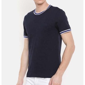 T-shirt en coton bleu marine pour homme, coupe classique, manches courtes, avec bordure contrastée, col rond, style décontracté, t-shirts à col contrastant - Product Image 3