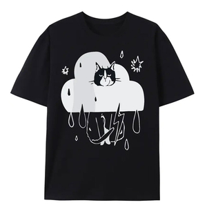 Men's Black Cartoon Cat <b>Cloud</b> Printed T-Shirt Short Sleeve O-<b>Neck</b> Casual 100% Cotton Regular Fit Jersey Fabric - Product Image 1