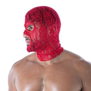Masque intégral en cuir éco-responsable rouge pour homme, style anime, avec dentelle fluide et ouverture pour la bouche, idéal pour clubbing sexy - Product Image 4