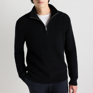 Pull à col montant en tricot côtelé gris foncé pour homme, col demi-zip, décontracté, pour l'hiver - Product Image 2