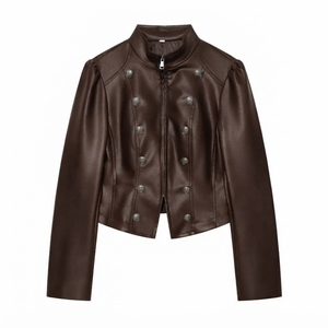 Chaqueta de Motocicleta de Cuero PU para Mujer, Cuello Alto, Manga Larga Abullonada, Doble Botonadura, Corta, Color Sólido, para Otoño - Product Image 3