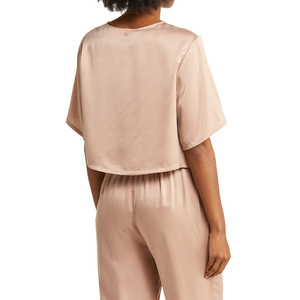 ODM/OEM Women's Summer Short Sleeve Ice Silk Sleeping Skirt Pajamas Crop Top Silk Shirt With High Waist <b>Pant</b> Sexy Set For Ladies - Product Image 2