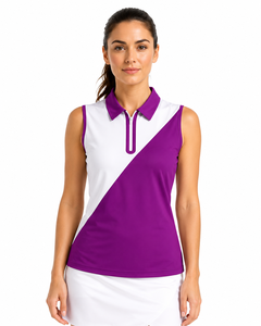 Polo sans manches pour femme, best-seller, color block violet et blanc, tricoté, style sportif, pour le golf, fermeture boutonnée, 100 % polyester - Product Image 1