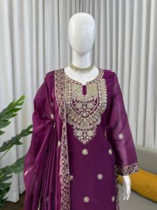 Ensemble Kurti Plazzo Dupatta en soie JMC de créateur avec broderie à fils épais et taille élastique extensible, entièrement cousu, pour tenue de fête - Product Image 3
