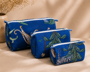 Cotton Quilted Bohemian Eco-Friendly Cosmetic Bag Set 3Pcs Blue Animal Palm Print Zipper <b>Makeup</b> Pouch Travel for Bags - Product Image 5