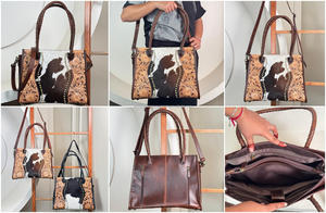 Custom Logo Women's Tote <b>Bag</b> <b>Designer</b> Hand Tooled Cowhide Leather Comfortable Shoulder Handbags Luxury Crossbody <b>Laptop</b> Purse - Product Image 4
