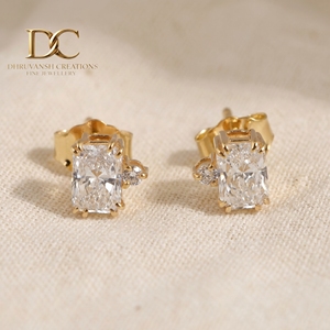 Dernières boucles d'oreilles clous en or jaune massif 14 carats avec diamant de laboratoire certifié IGI taille octogonale pour femme – Cadeau pour occasions spéciales - Product Image 3