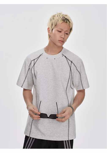 T-shirt blanc surdimensionné pour homme, manches courtes, col rond tricoté, bordure contrastante, style streetwear, couleur unie - Product Image 5